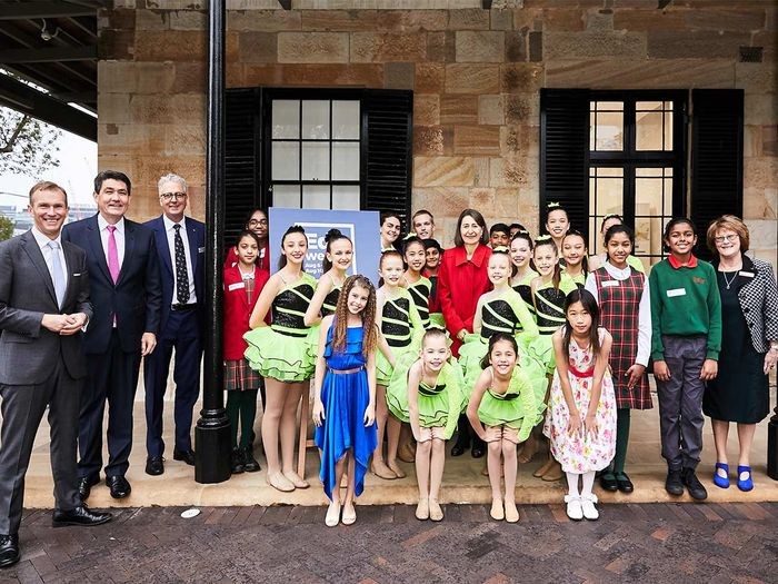 The Premier, Gladys Berejiklian, with (from left): Education Minister Rob Stokes; State Member for Parramatta, Geoff Lee; Department of Education Secretary Mark Scott; student performers and comperes, and the Principal of Parramatta Public School, Gail Charlier (far right).